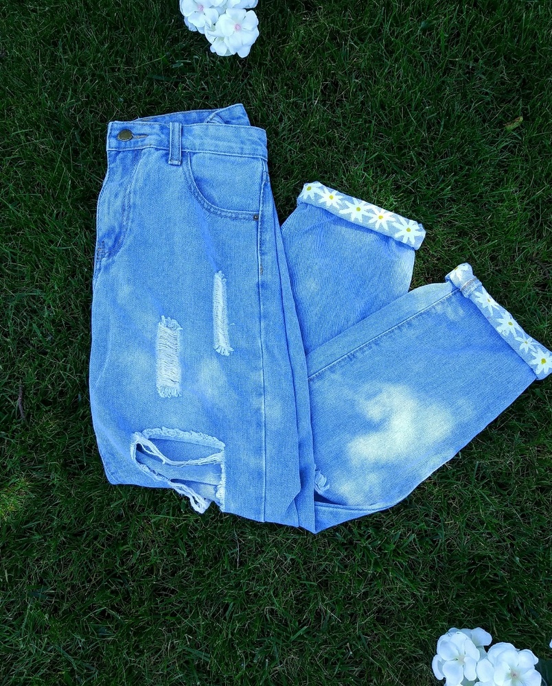 Mom Jeans with Hand Painted Flowers